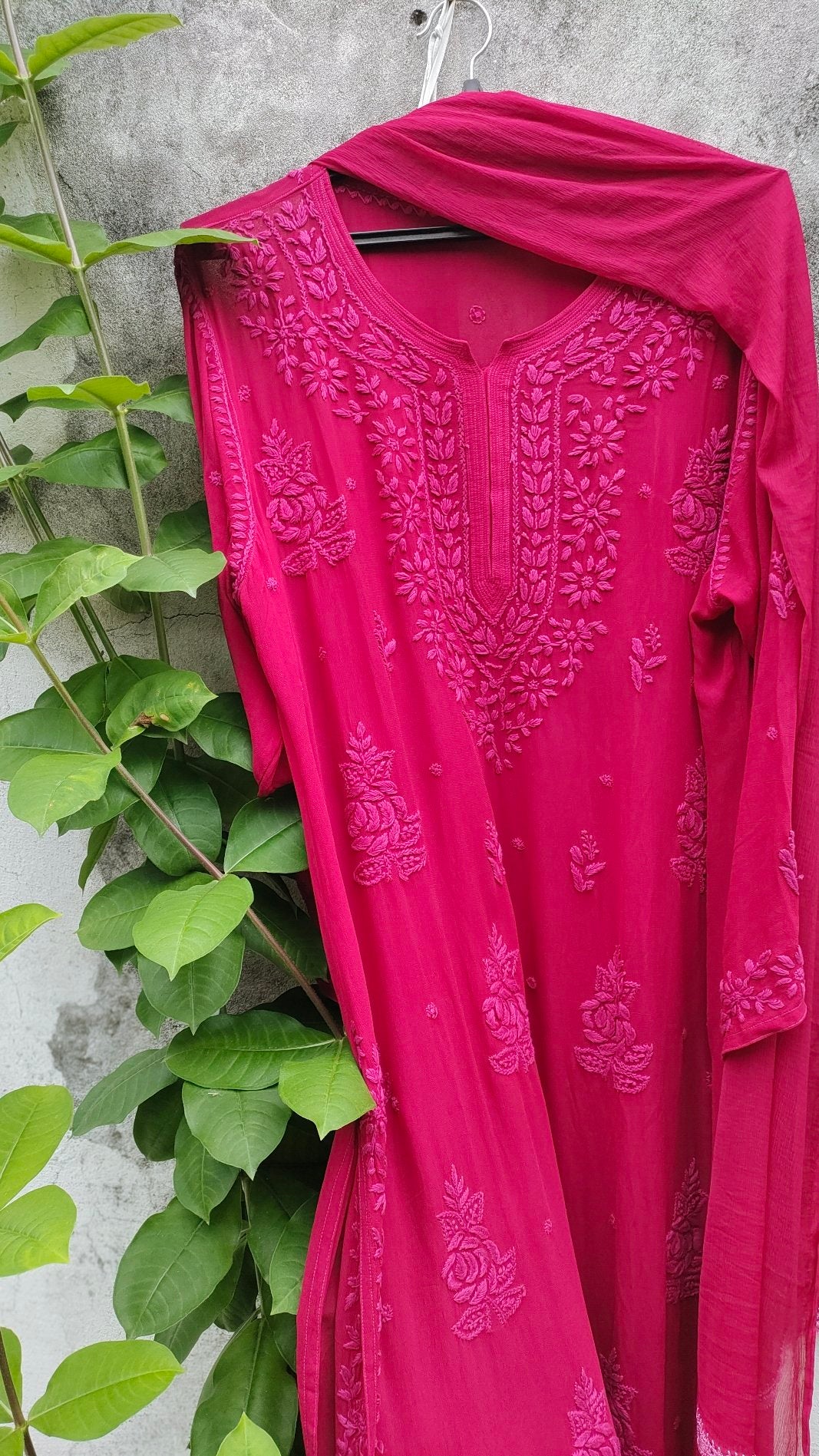 Pink Rose Cherry Premium Georgette Chikankari Kurta Set by LVW Fashion, featuring intricate embroidery and elegant traditional style.