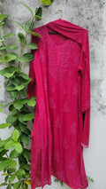 Pink Rose Cherry premium georgette Chikankari Kurta set by LVW Fashion, featuring intricate embroidery and traditional style.