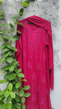 Pink Rose Cherry Premium Georgette Chikankari Kurta Set by LVW Fashion, featuring intricate embroidery and elegant design.
