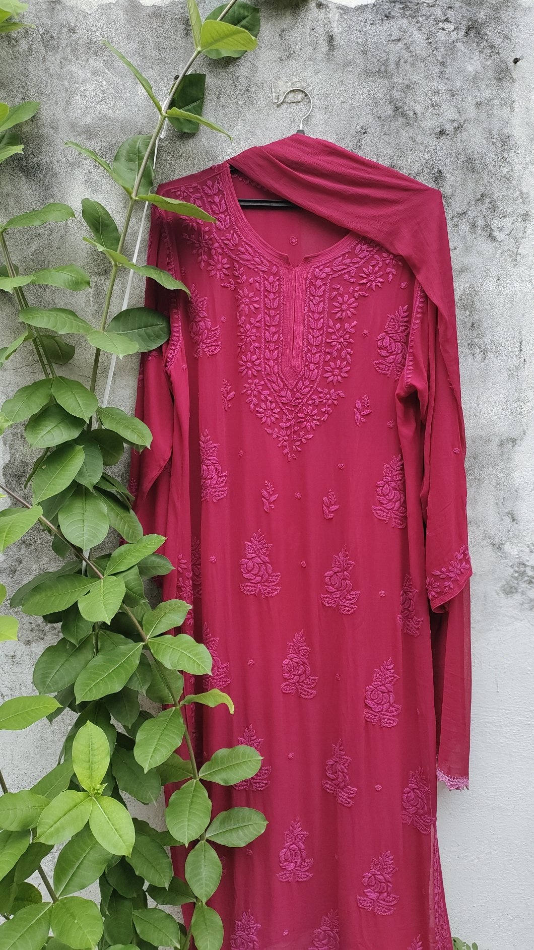 Pink Rose Cherry Premium Georgette Chikankari Kurta Set by LVW Fashion, featuring intricate embroidery and elegant design.
