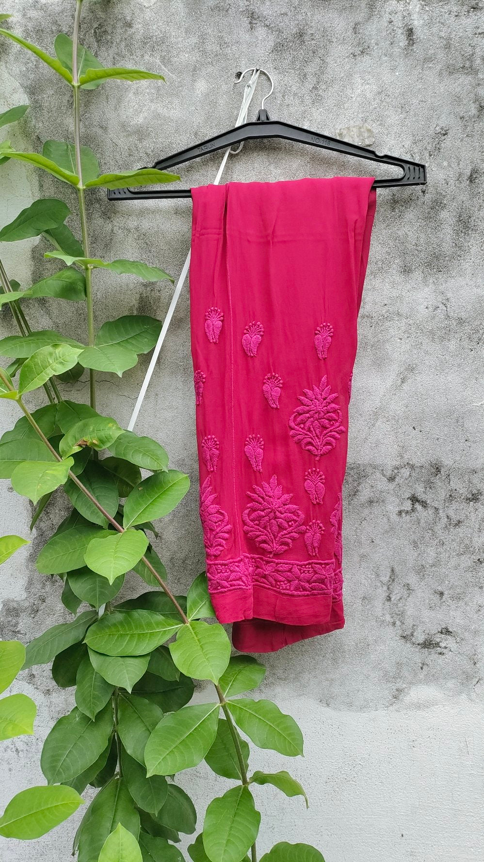 Pink rose cherry premium georgette Chikankari kurta set by LVW Fashion with intricate embroidery and matching dupatta.