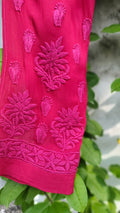 Pink rose cherry premium georgette Chikankari kurta set by LVW Fashion with intricate embroidery and matching bottoms.