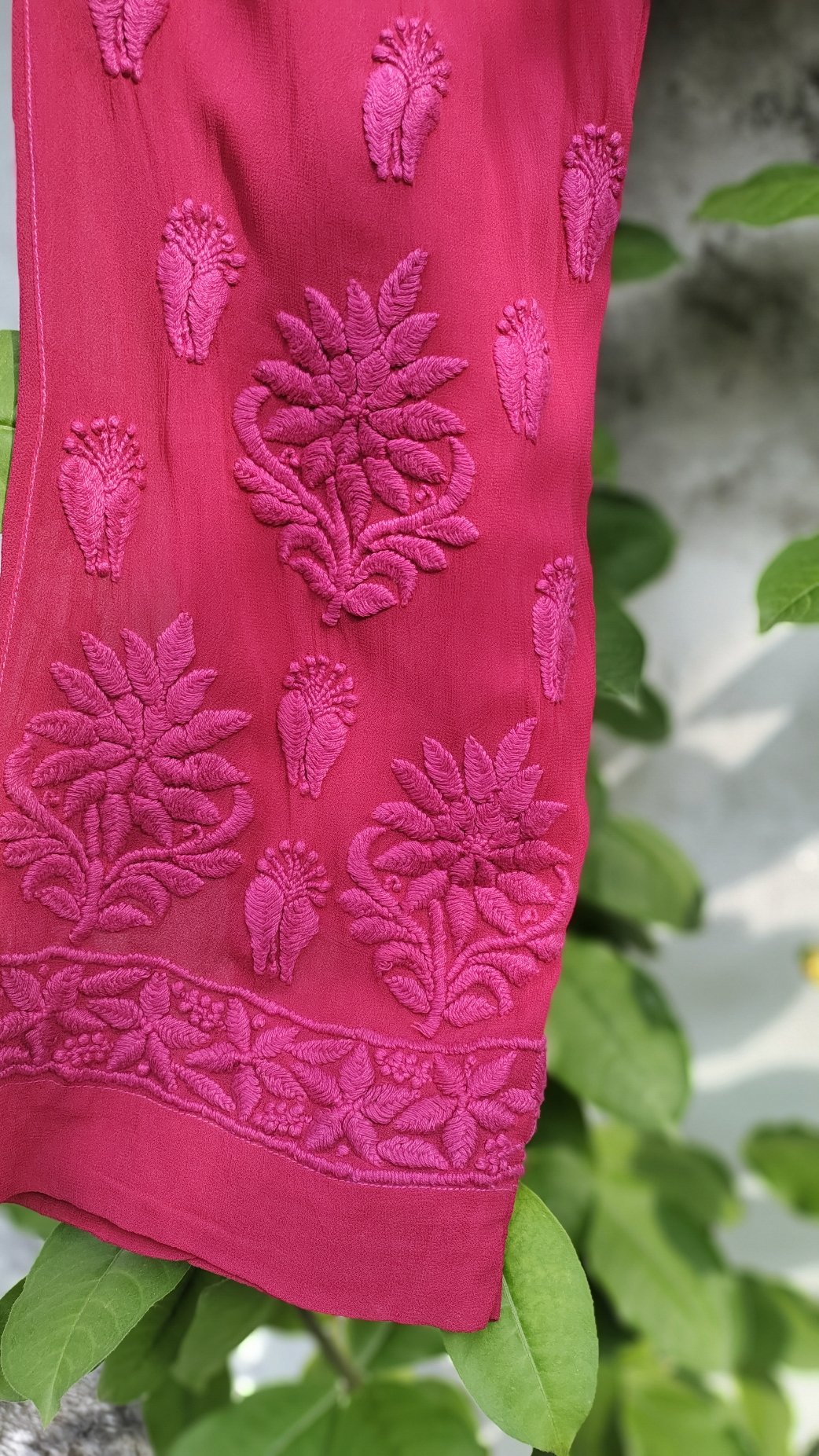 Pink rose cherry premium georgette Chikankari kurta set by LVW Fashion with intricate embroidery and matching bottoms.