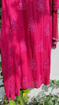 Pink rose cherry premium georgette Chikankari kurta set by LVW Fashion, featuring intricate embroidery and traditional design.