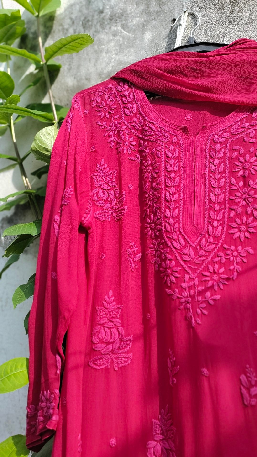 Pink rose cherry premium georgette Chikankari Kurta set by LVW Fashion, featuring intricate embroidery and traditional design.