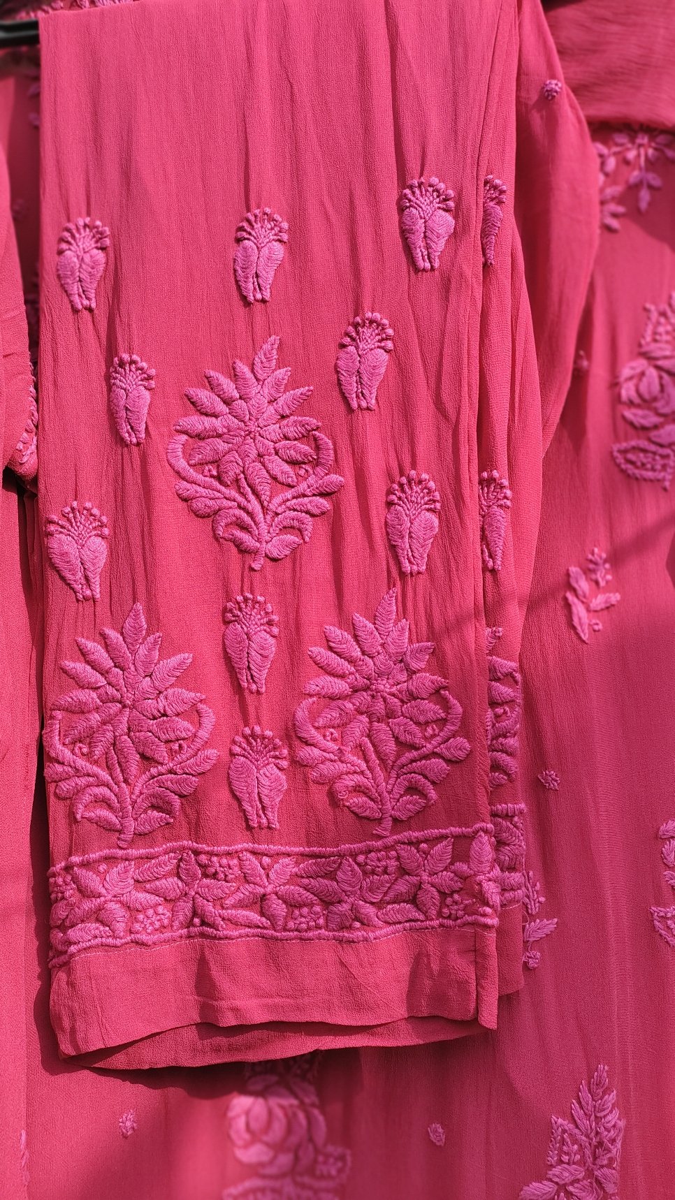 Pink rose cherry premium georgette kurta set with intricate chikankari embroidery by LVW Fashion, featuring a traditional Indian design.