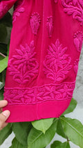 Pink Rose Cherry premium georgette Chikankari kurta set with intricate embroidery, by LVW Fashion Luxurious Chikankari.