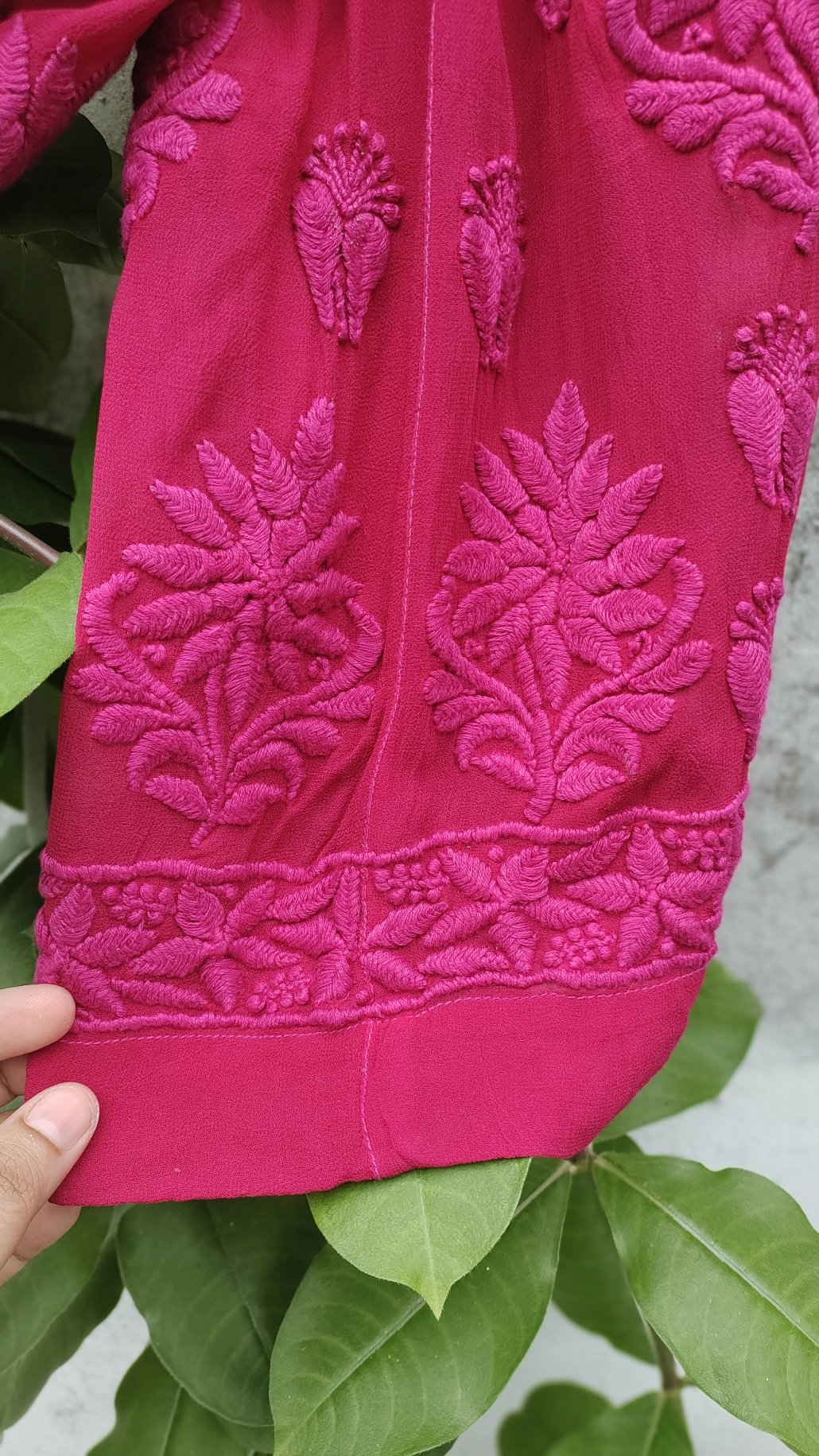 Pink Rose Cherry premium georgette Chikankari kurta set with intricate embroidery, by LVW Fashion Luxurious Chikankari.