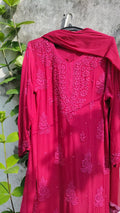 Pink Rose Cherry premium georgette Chikankari kurta set by LVW Fashion, featuring intricate embroidered design and traditional style.