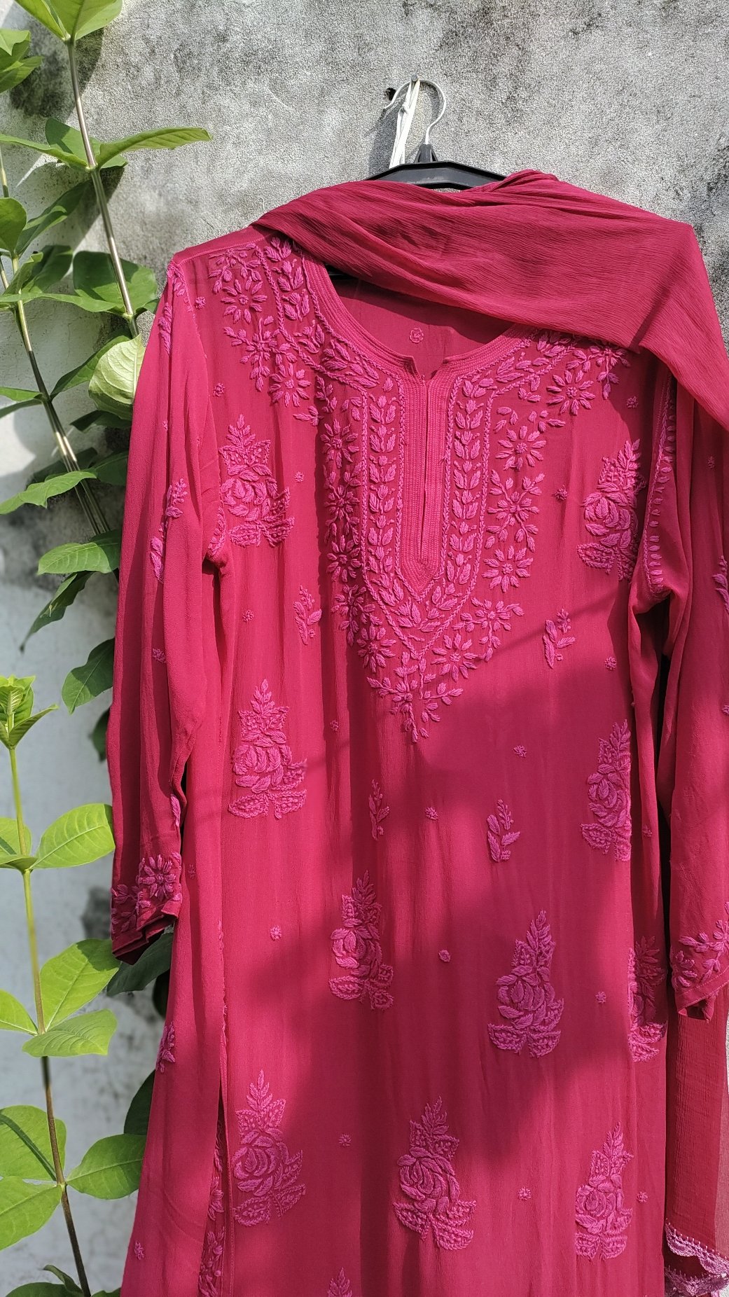 Pink Rose Cherry premium georgette Chikankari kurta set by LVW Fashion, featuring intricate embroidered design and traditional style.