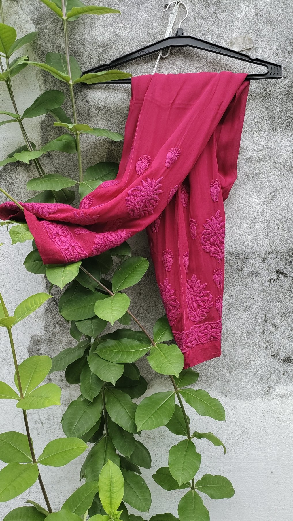 Pink Rose Cherry premium georgette Chikankari kurta set with intricate embroidery, by LVW Fashion Luxurious Chikankari.