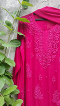 Pink Rose Cherry premium Georgette Chikankari Kurta set by LVW Fashion with intricate embroidery and matching bottoms.