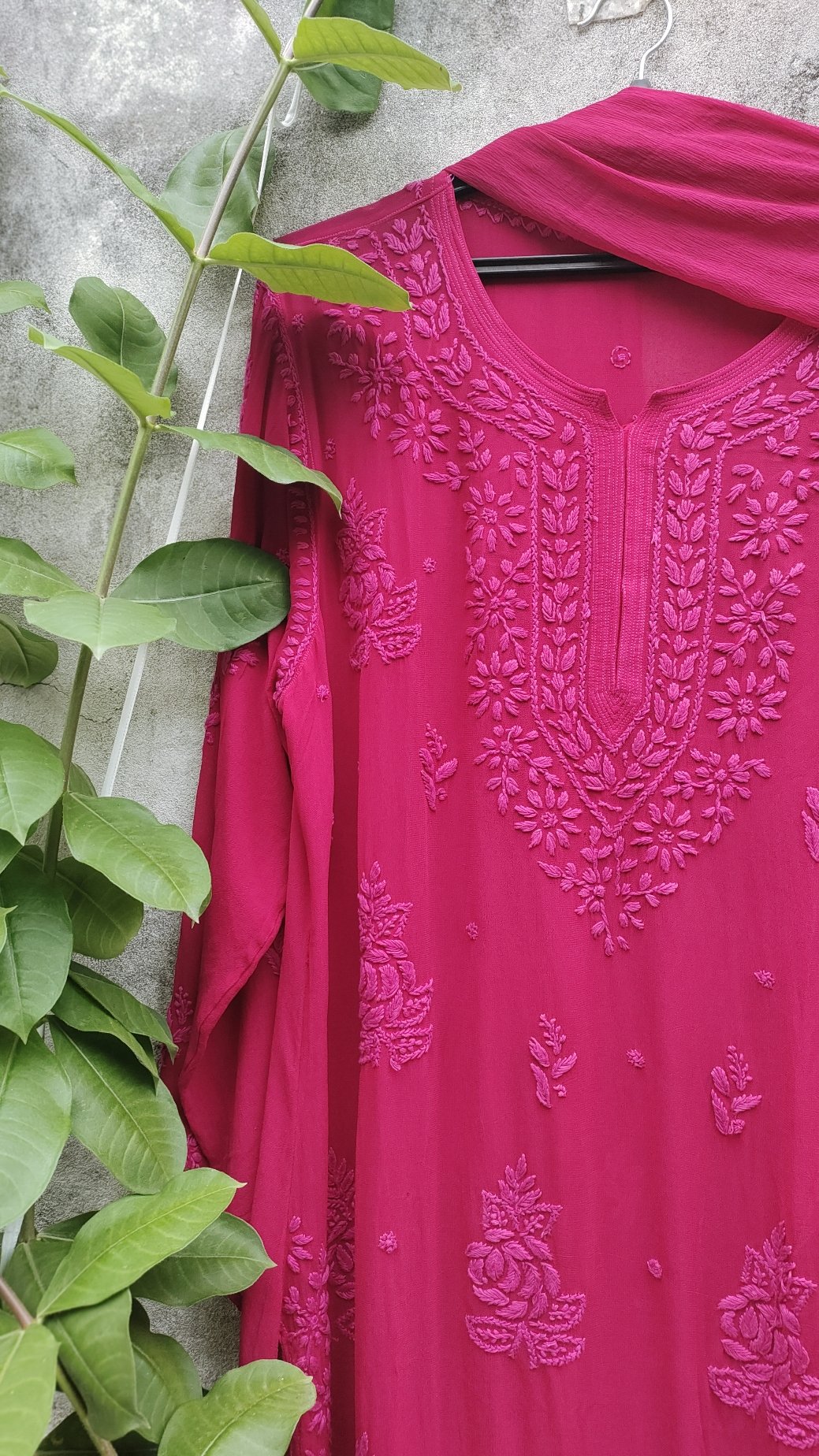 Pink Rose Cherry premium Georgette Chikankari Kurta set by LVW Fashion with intricate embroidery and matching bottoms.