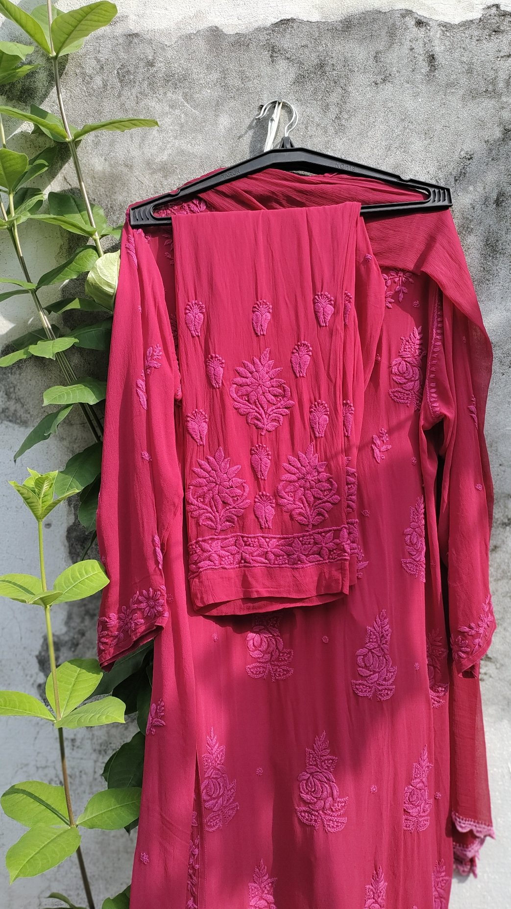 Pink Rose Cherry Premium Georgette Chikankari Kurta Set by LVW Fashion, featuring intricate embroidered design and elegant traditional style.