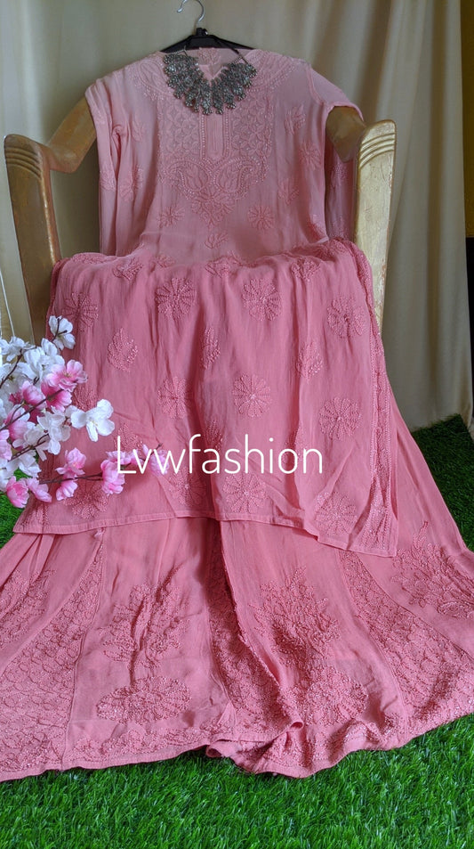 Rose Peach Premium Georgette 3-piece set by LVW Fashion with intricate Chikankari embroidery, featuring a luxurious and elegant design.