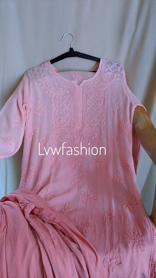 Rose peach premium georgette 3-piece set by LVW Fashion, featuring intricate chikankari embroidery and elegant traditional design.