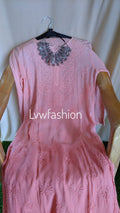 LVW Fashion Rose Peach Premium Georgette 3-piece set with intricate Chikankari embroidery, soft fabric, and elegant traditional design.