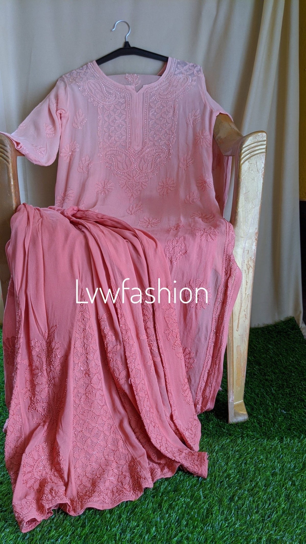 Rose Peach Premium Georgette 3-piece set by LVW Fashion with intricate Chikankari embroidery and elegant traditional design.