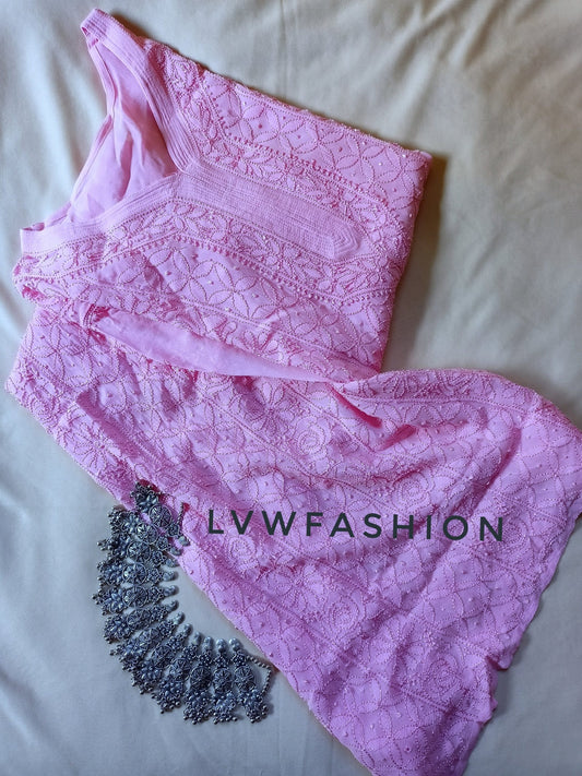 Rose pink premium georgette long kurta with resham thread embroidery and slip from LVW Fashion Luxurious Chikankari.