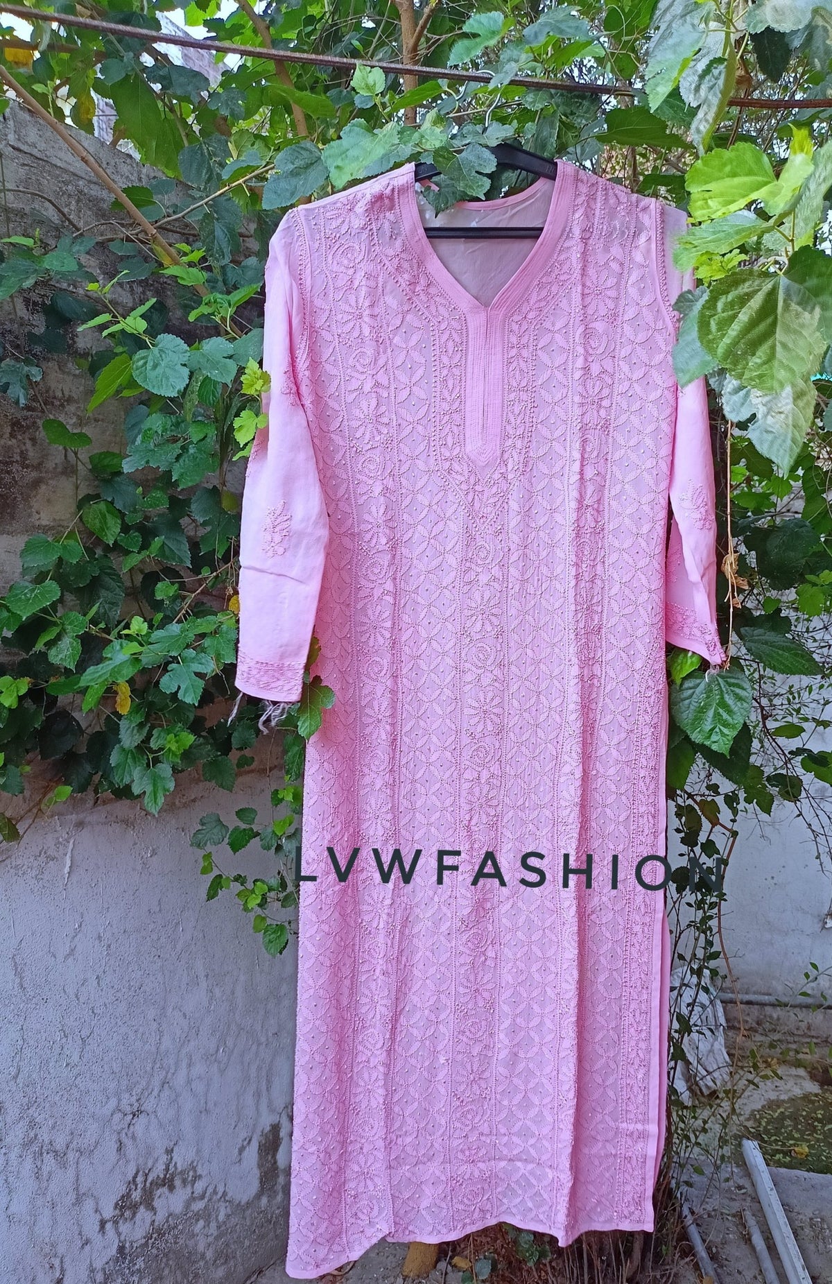 Rose pink premium georgette long kurta with Resham thread embroidery and slip, by LVW Fashion Luxurious Chikankari.