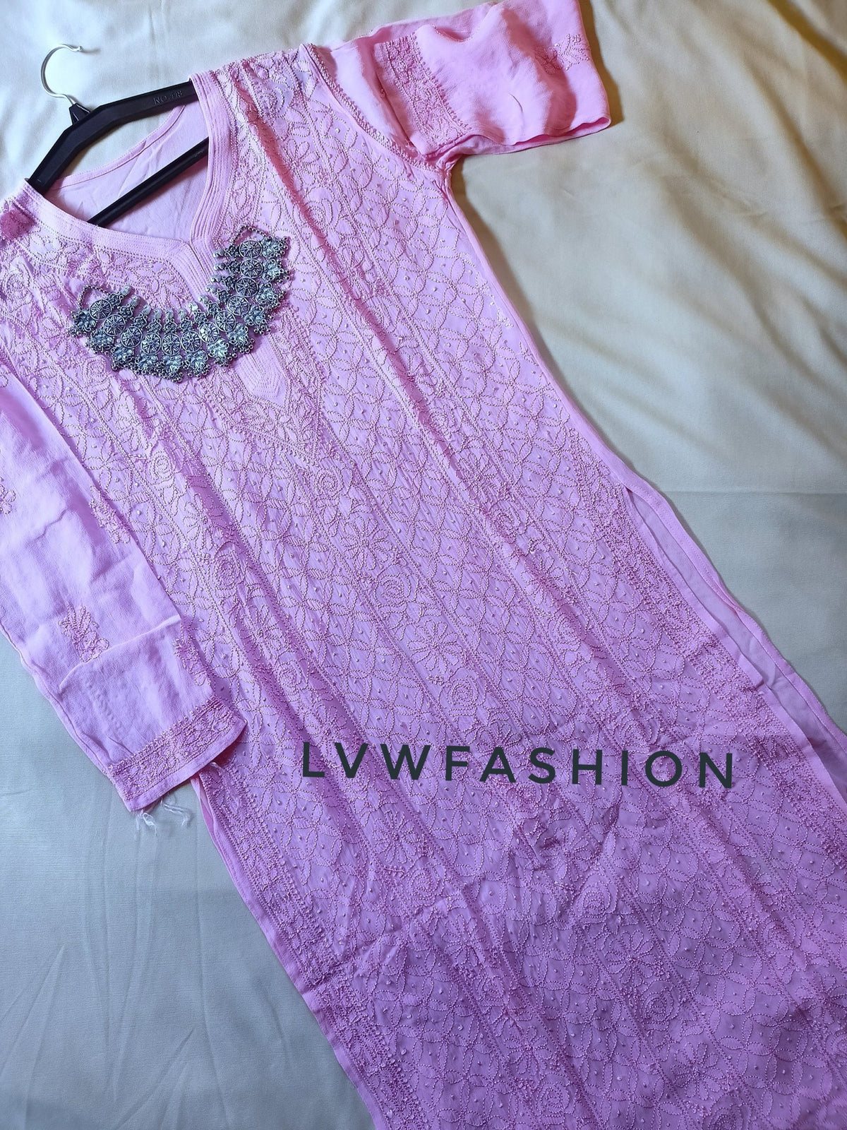 Rose pink premium georgette long kurta with resham thread embroidery and slip by LVW Fashion Luxurious Chikankari.