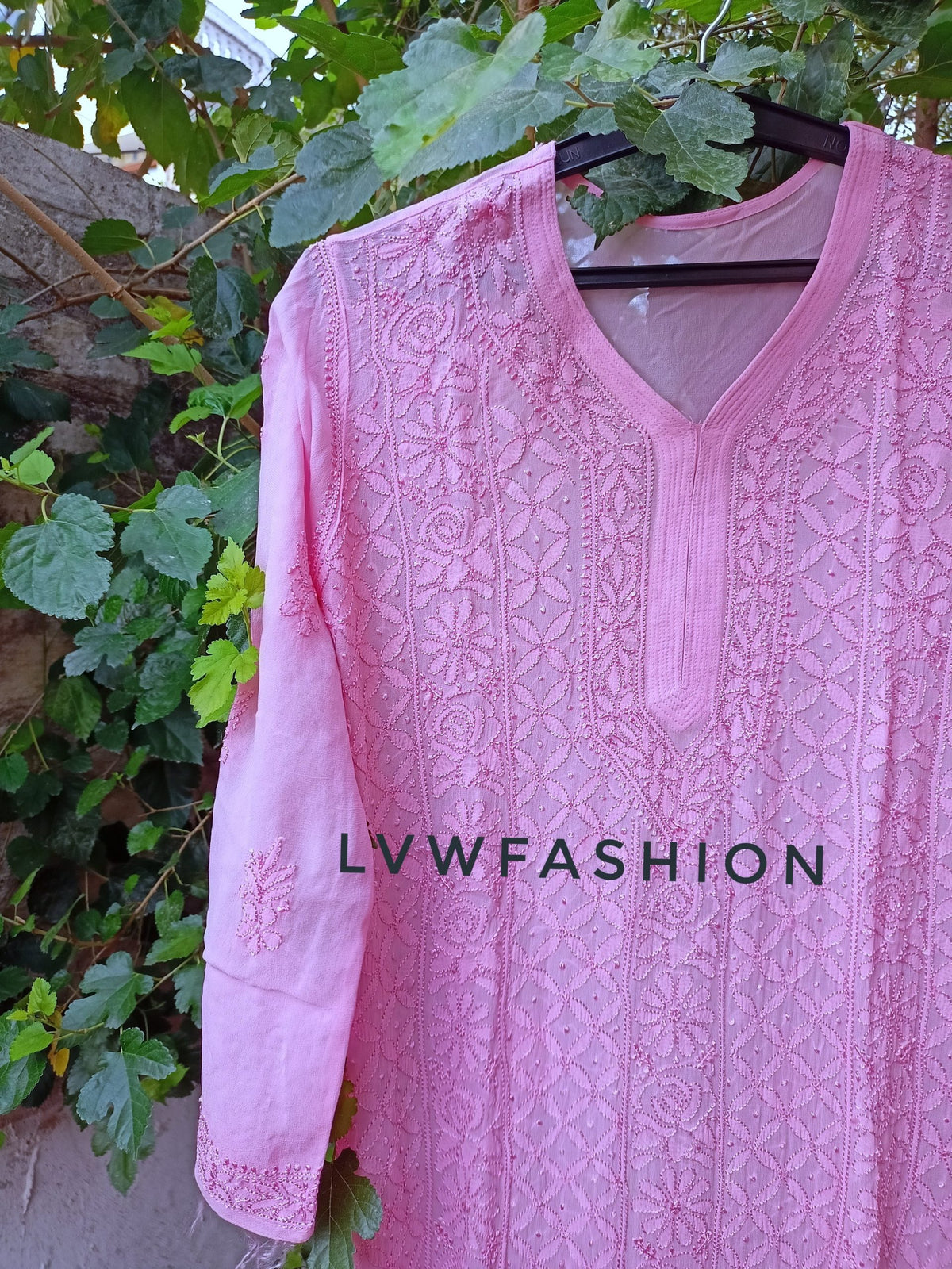 Rose pink premium georgette long kurta with resham thread embroidery and slip, crafted by LVW Fashion Luxurious Chikankari.