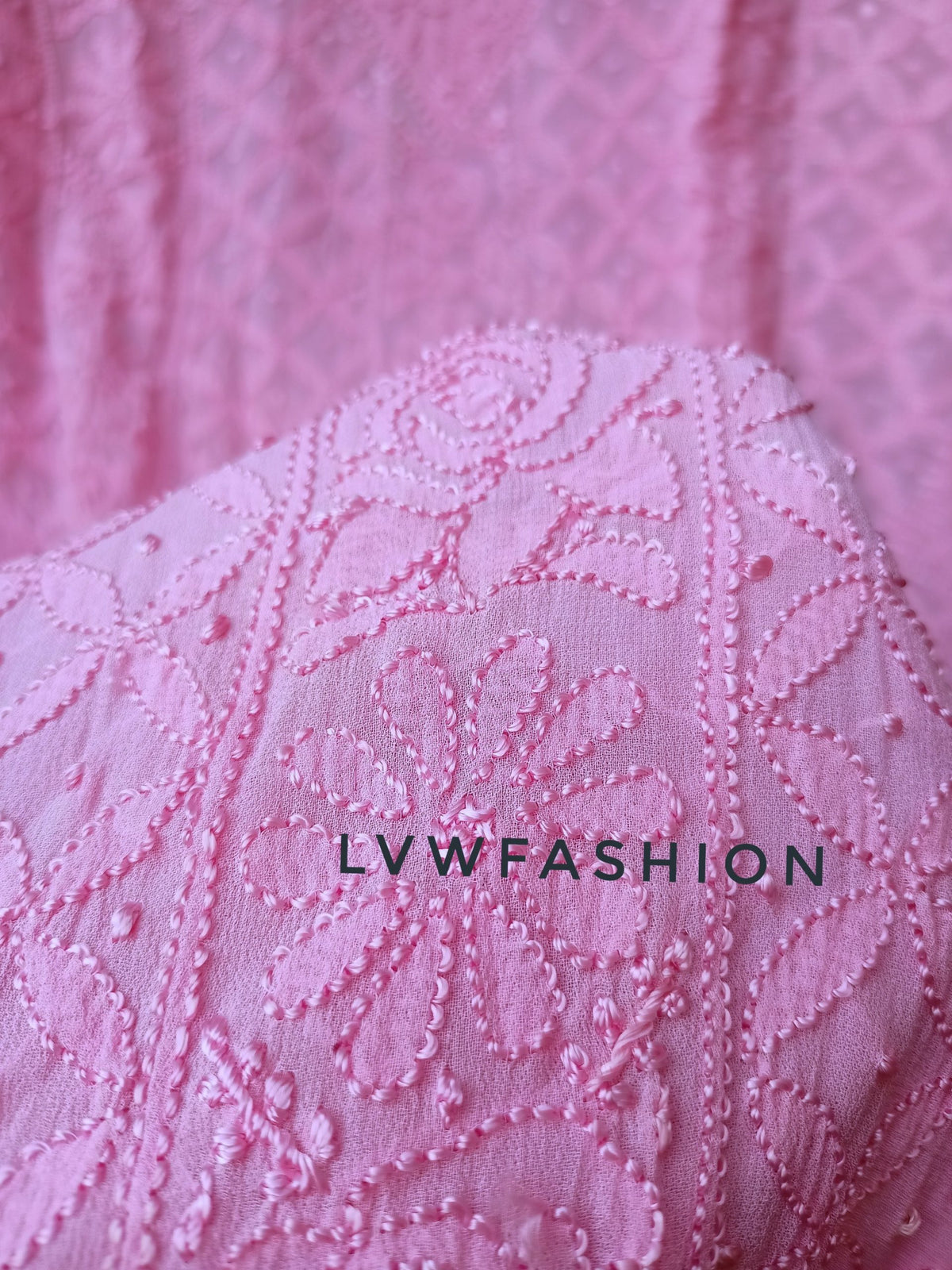 Rose pink premium georgette long kurta with Resham thread embroidery and slip, stylishly crafted by LVW Fashion Luxurious Chikankari.
