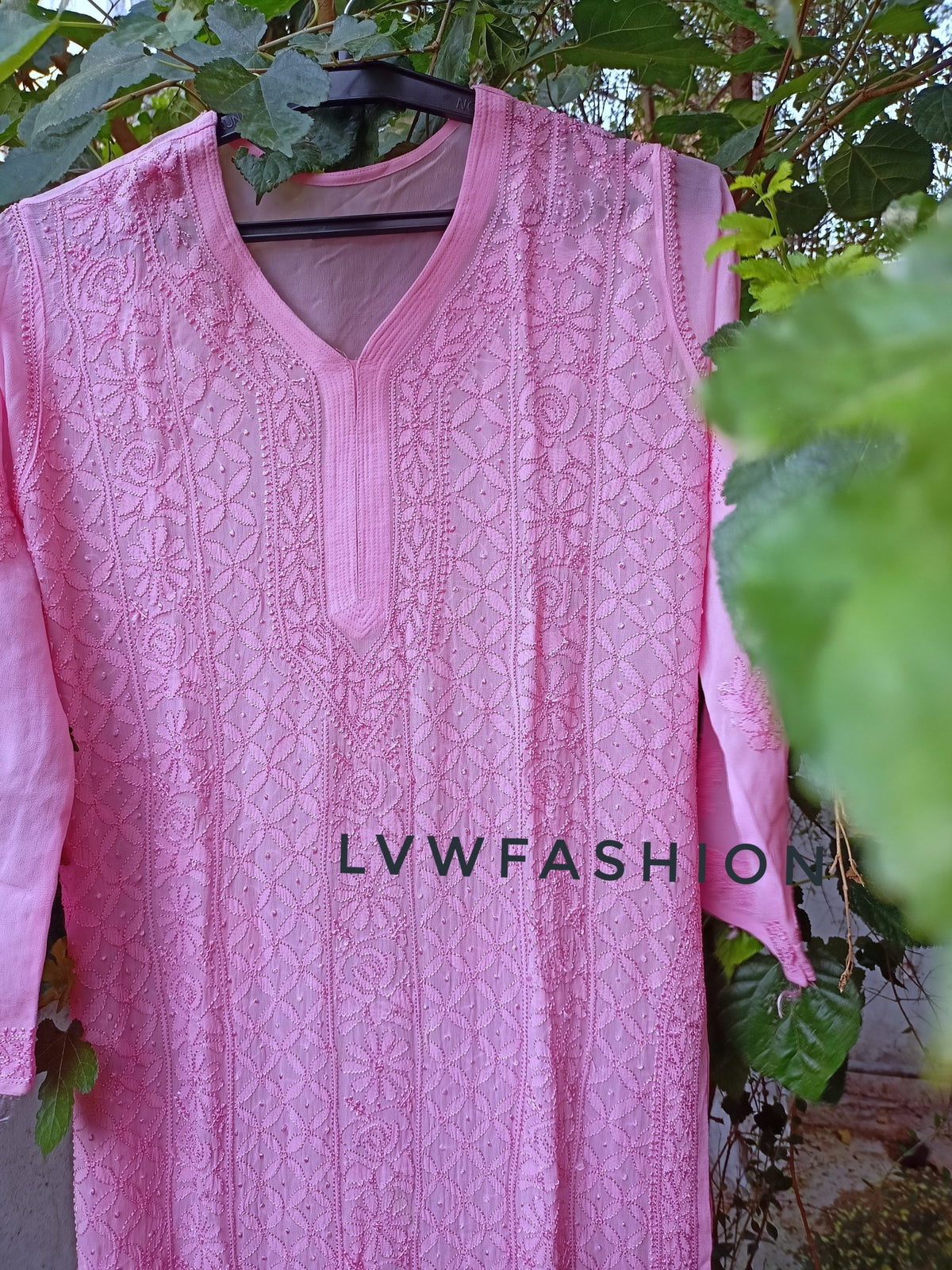 Rose pink premium georgette long kurta with Resham thread embroidery and slip by LVW Fashion Luxurious Chikankari.