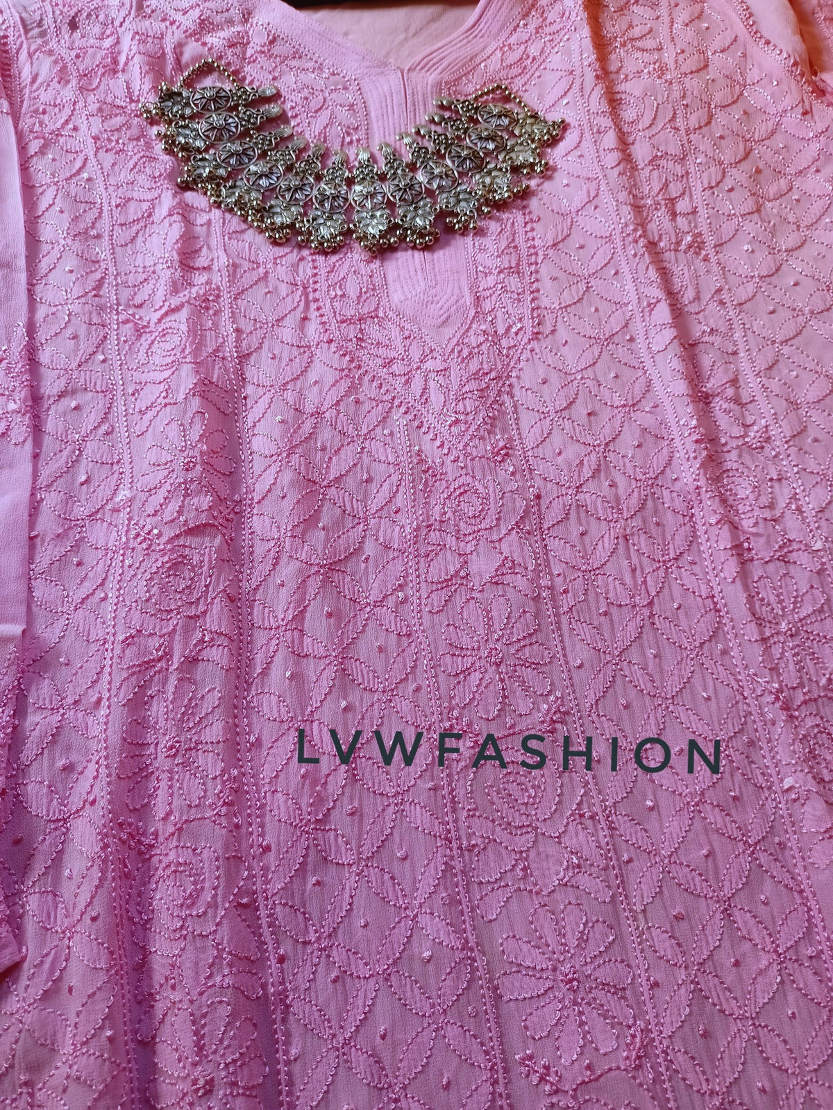 Rose pink premium georgette long kurta with resham thread embroidery and slip from LVW Fashion Luxurious Chikankari.