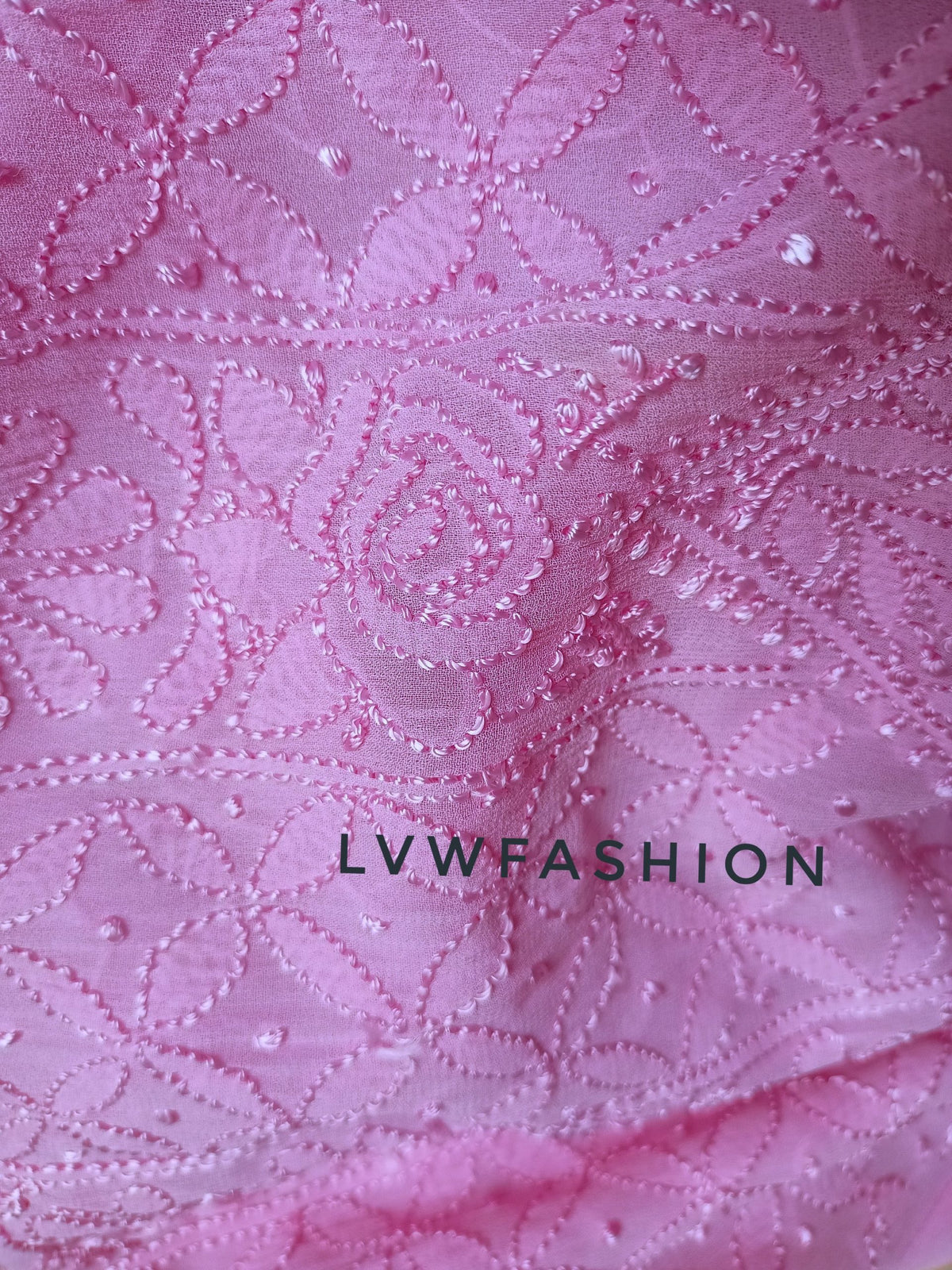 Rose pink premium georgette long kurta with resham thread embroidery and slip, by LVW Fashion Luxurious Chikankari.