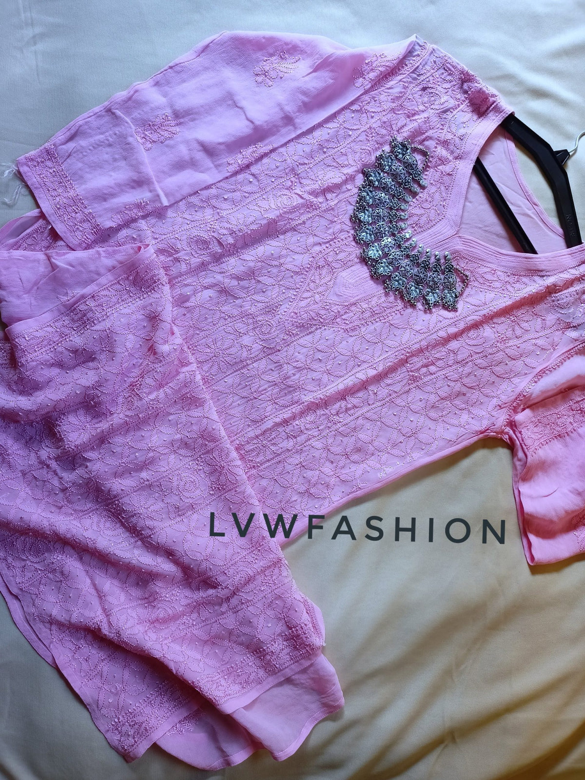 Rose pink premium georgette long kurta with resham thread embroidery and slip, by LVW Fashion Luxurious Chikankari.