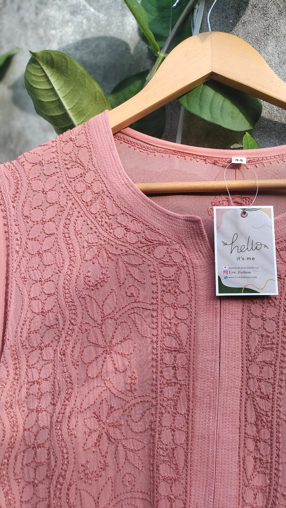 Rosy brown premium georgette long Chikankari kurta by LVW Fashion with intricate embroidery and a flowing silhouette.