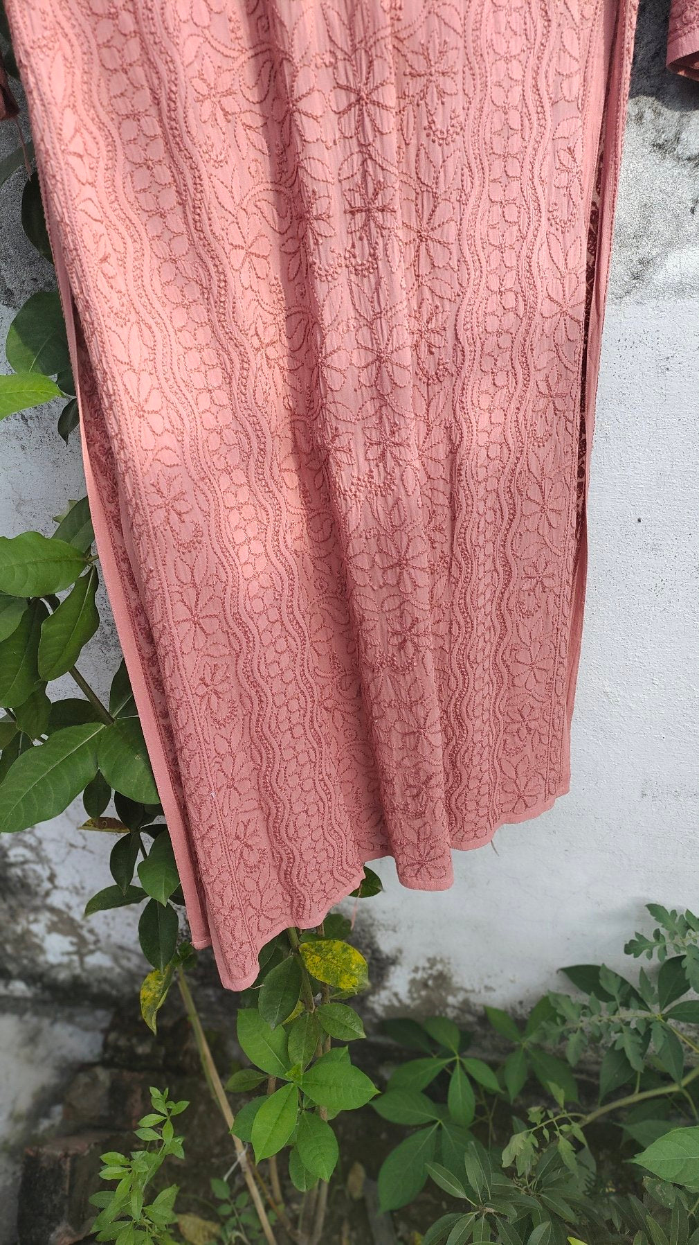 Rosy brown premium georgette long Chikankari Kurta by LVW Fashion, showcasing intricate embroidery and elegant traditional design.