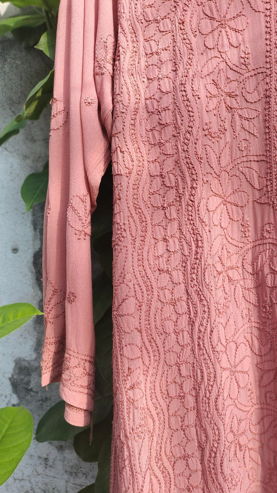 Rosy brown premium georgette long chikankari kurta with intricate embroidery, by LVW Fashion Luxurious Chikankari.