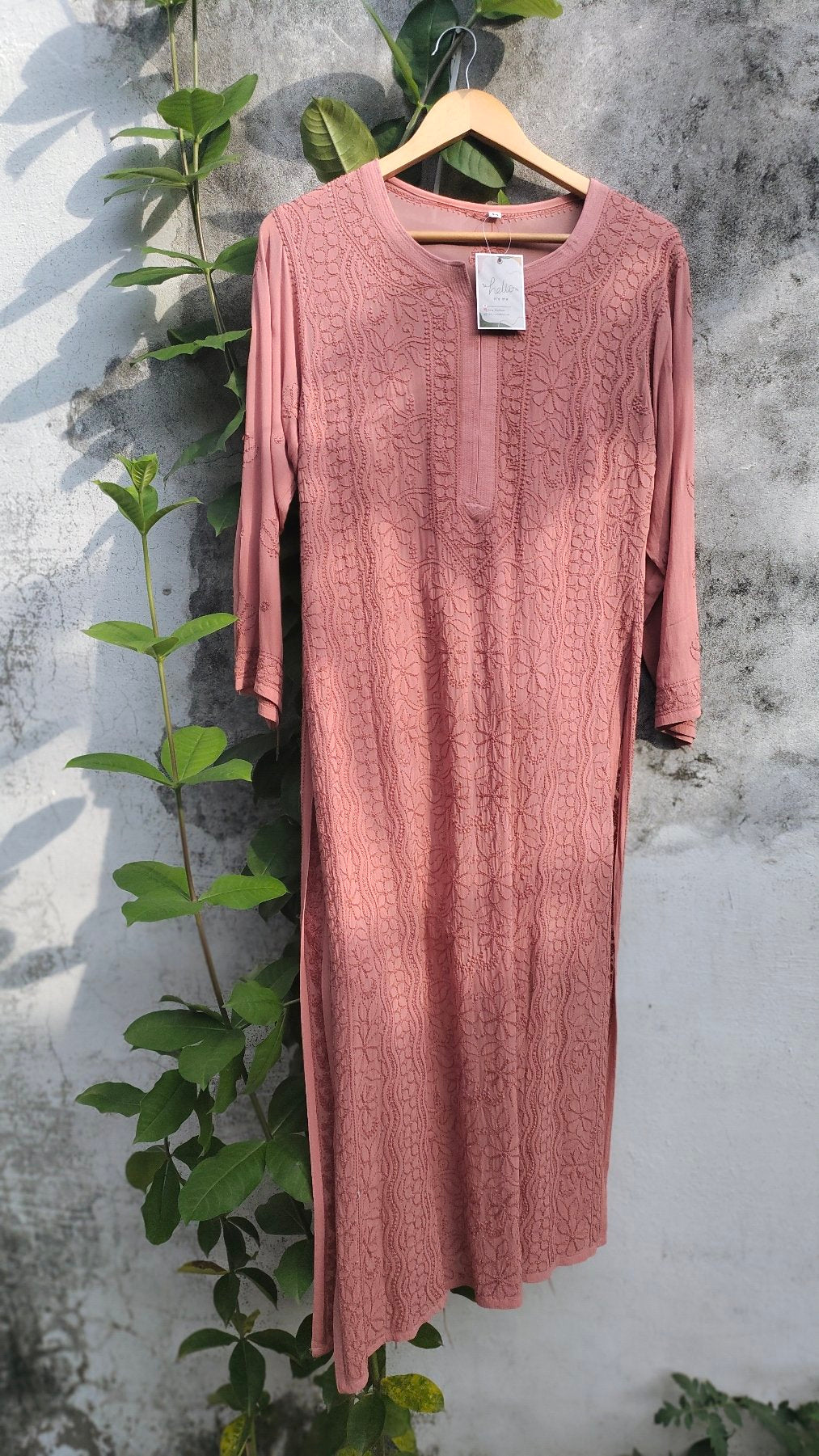 Rosy brown premium georgette long Chikankari kurta by LVW Fashion, showcasing intricate embroidery and elegant design.