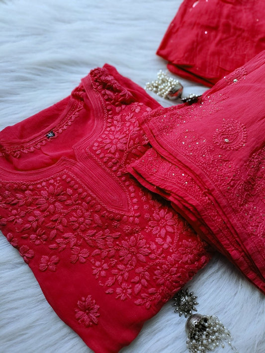 Rust premium georgette Chikankari Gharara set by LVW Fashion featuring intricate embroidery and traditional design.