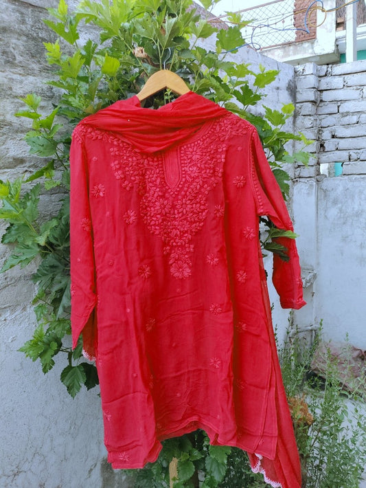 Rust premium georgette Chikankari Gharara set by LVW Fashion featuring intricate embroidery and traditional styling.