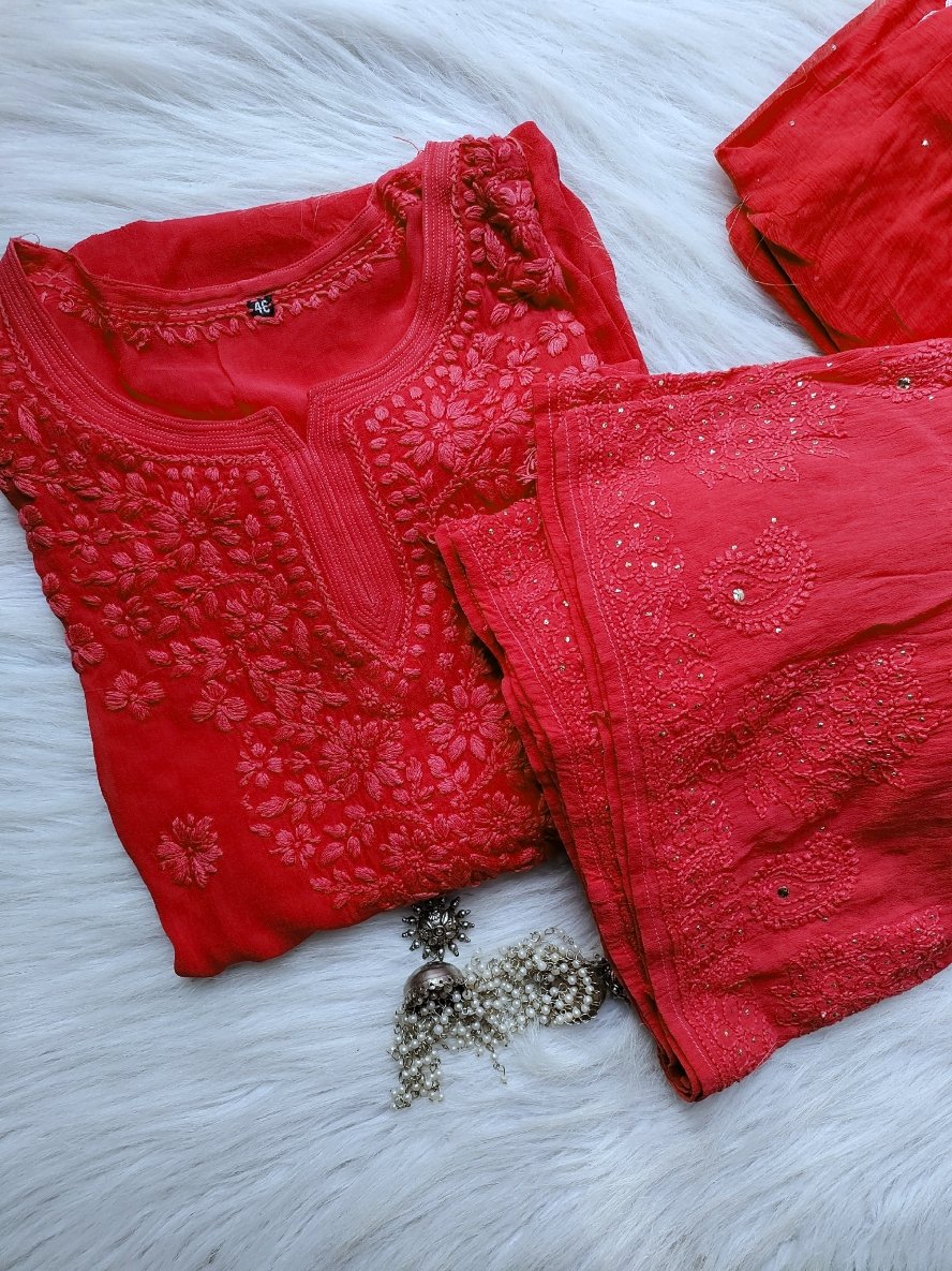 Rust premium georgette Chikankari Gharara set by LVW Fashion with intricate embroidery and traditional design.