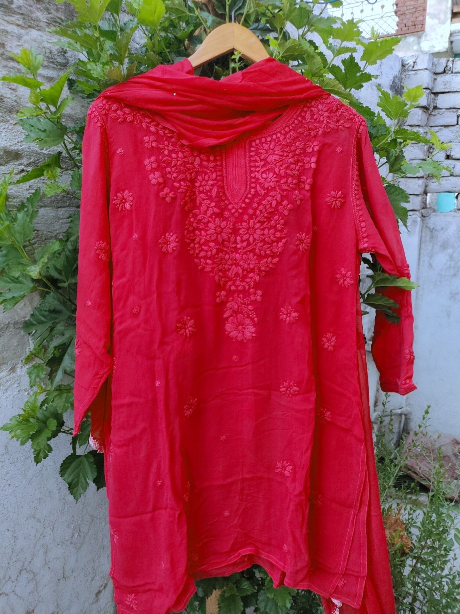 Rust premium georgette Chikankari Gharara set by LVW Fashion featuring intricate embroidery and traditional style.