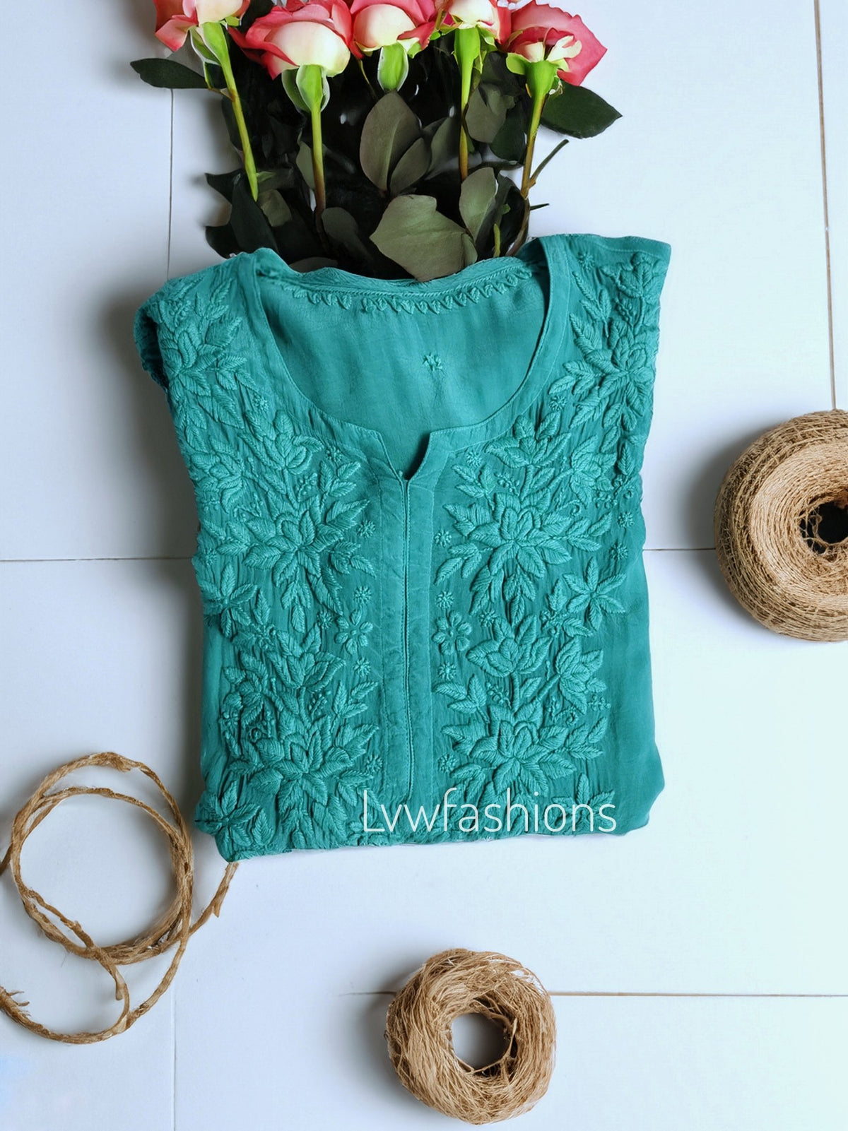Mahira turquoise silk kurta with intricate chikankari embroidery, paired with matching pants and dupatta, by LVW Fashion.