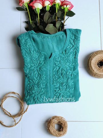 Mahira turquoise silk kurta with intricate chikankari embroidery, paired with matching pants and dupatta, by LVW Fashion.