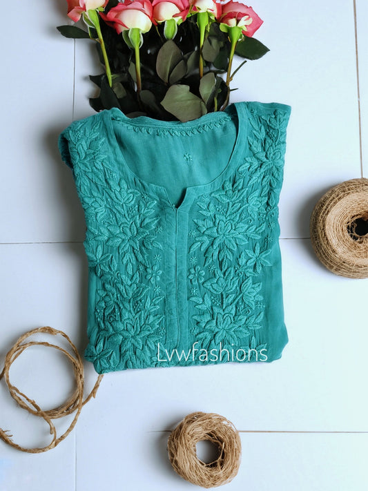 Mahira turquoise silk kurta with intricate chikankari embroidery, paired with matching pants and dupatta, by LVW Fashion.