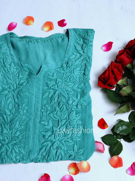 Mahira turquoise premium silk kurta with intricate chikankari embroidery, paired with matching pants and dupatta.