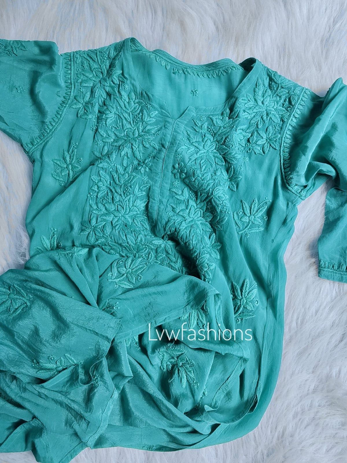 Mahira Turquoise Silk Chikankari Kurta with intricate embroidery, paired with matching pants and dupatta, from LVW Fashion.