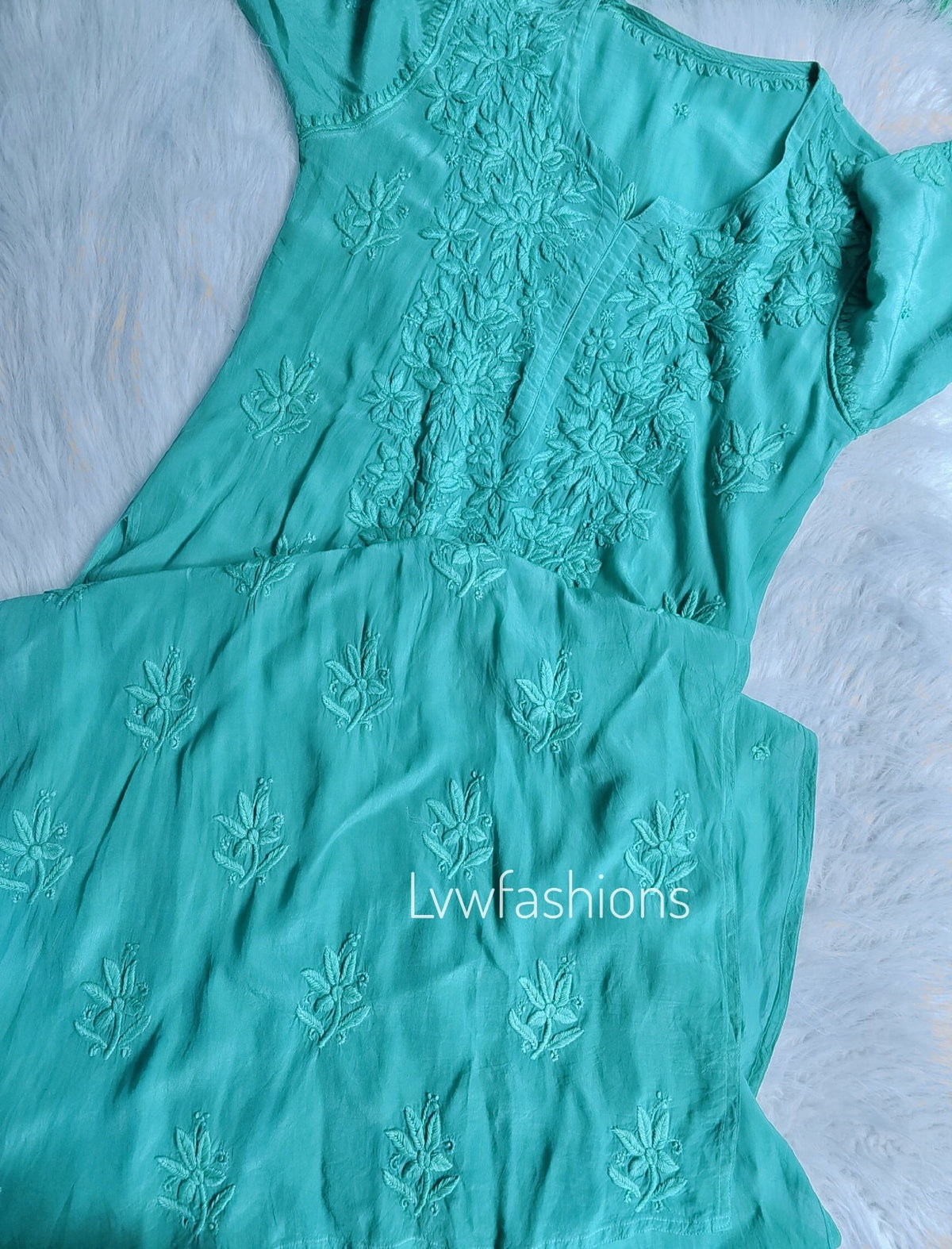 Mahira Turquoise Premium Silk Chikankari Kurta with intricate embroidery, paired with matching pants and dupatta, by LVW Fashion.