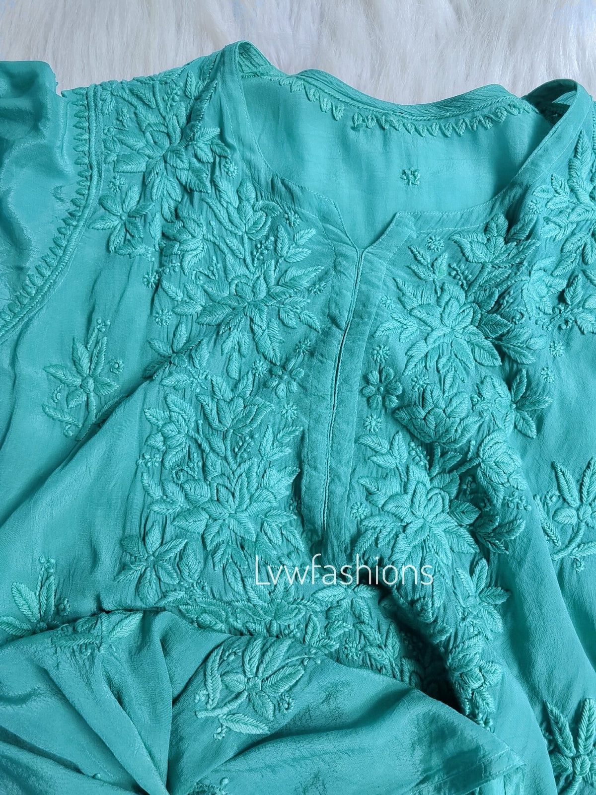 Mahira Turquoise silk Kurta with intricate Chikankari embroidery, paired with matching pants and dupatta, by LVW Fashion.