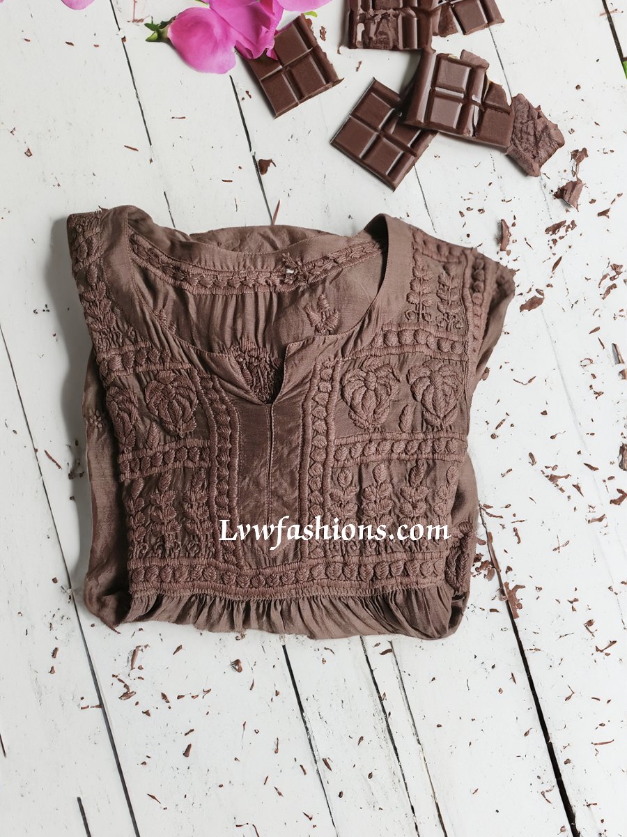 Silk chocolate premium Chikankari tunic by LVW Fashion featuring intricate hand embroidery and elegant Chikankari detailing.