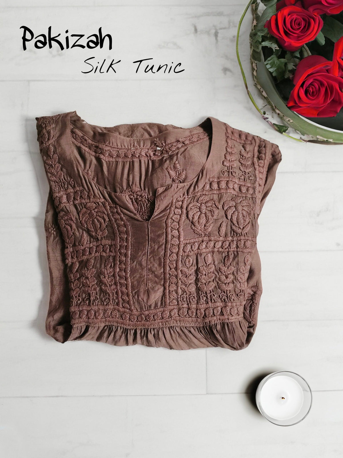 Silk chocolate premium Chikankari tunic by LVW Fashion, showcasing intricate hand-embroidery and elegant design.