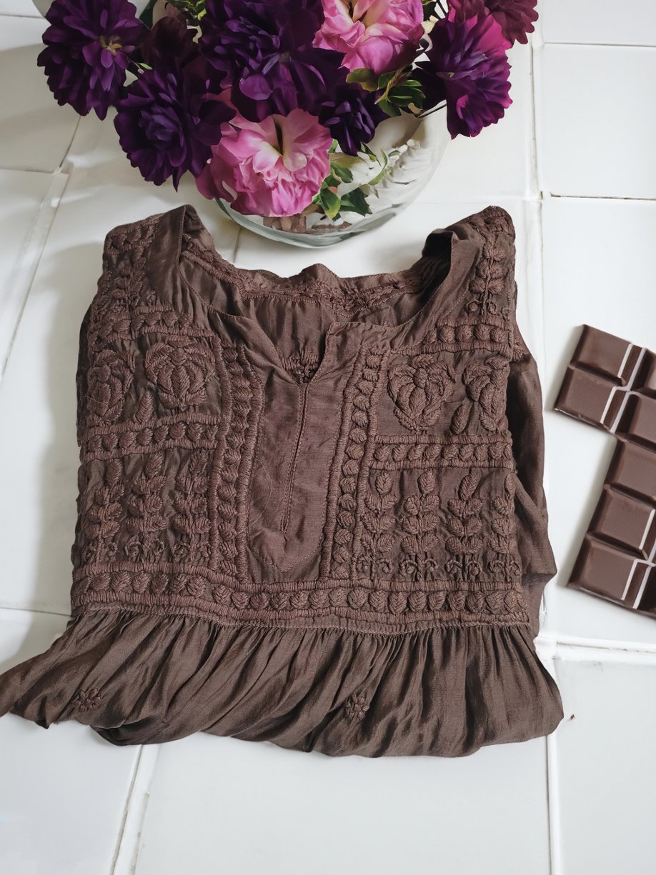 Silk chocolate premium Chikankari tunic by LVW Fashion, featuring intricate hand-embroidery and a luxurious silk fabric.