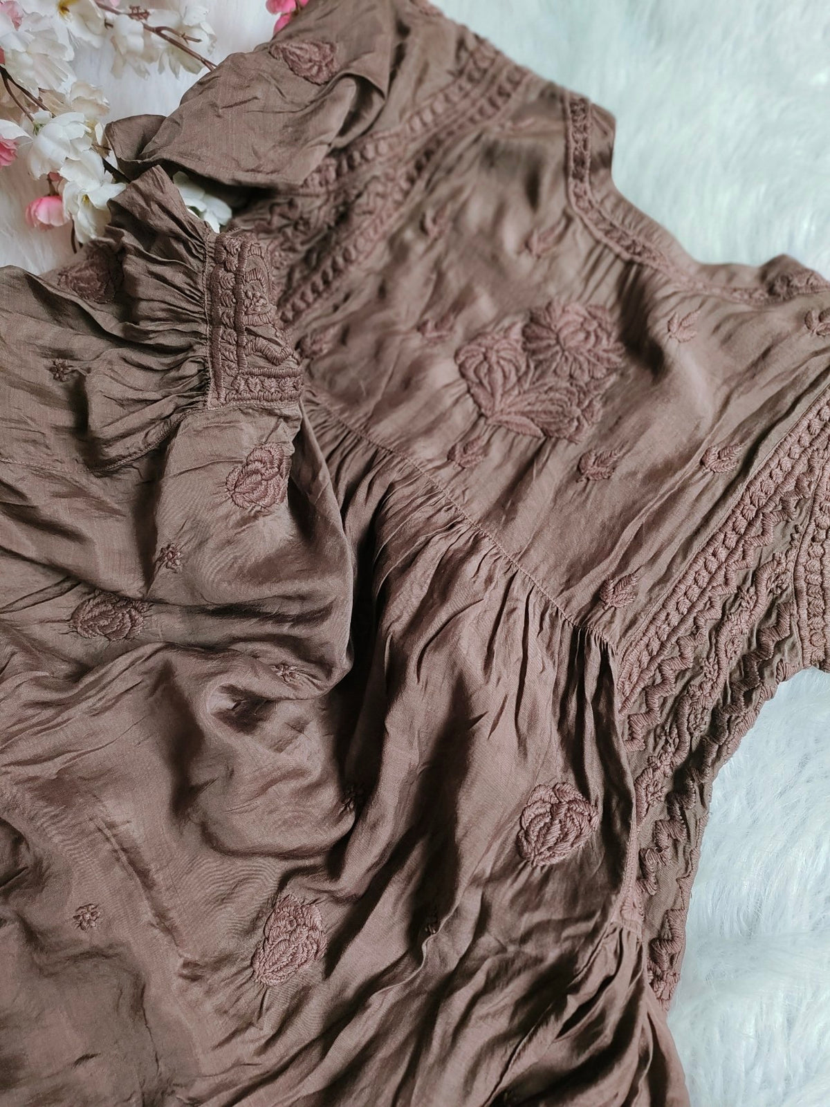 Silk chocolate Chikankari tunic by LVW Fashion with intricate hand embroidery, premium quality, and elegant design.